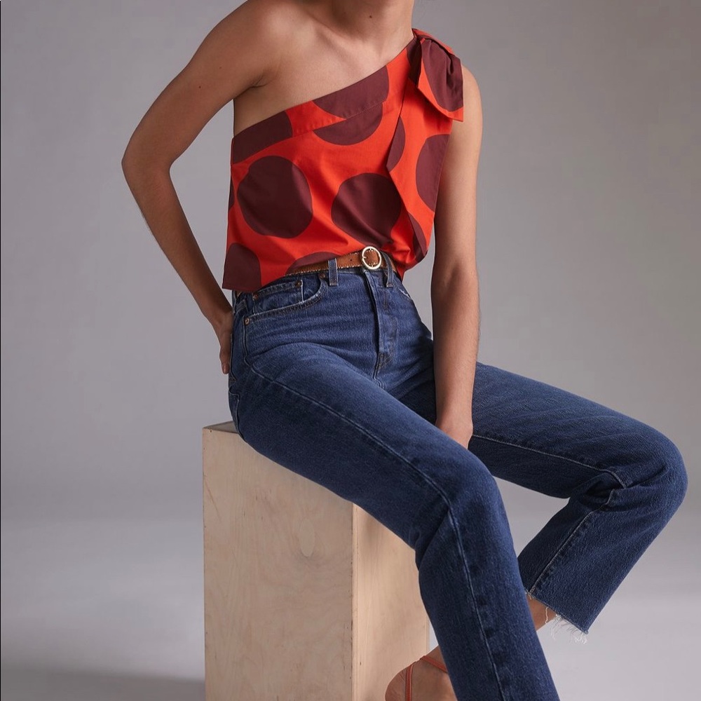 Anthropologie Red and Brown One-Shoulder Tank Top